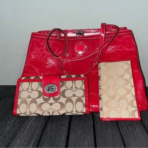 3 piece Coach Red Leather purse and wallet with checkbook cover. Nice!